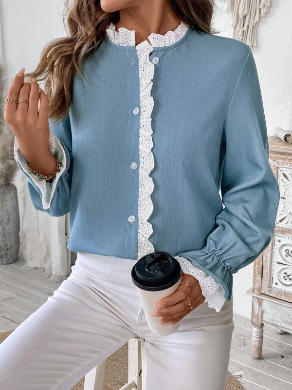 Women’s Spring Autumn Single-Breasted Blue Cardigan Shirt with Lace Collar - Image 3