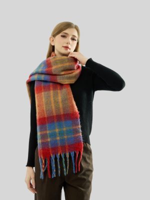 Rainbow Plaid Mohair Tassel Scarf for Women