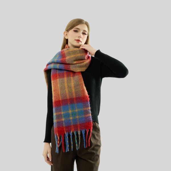 Rainbow Plaid Mohair Tassel Scarf for Women