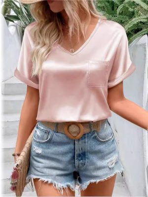 Women’s Satin V-Neck Pocket T-Shirt Curling Short Sleeve Loose Casual Top