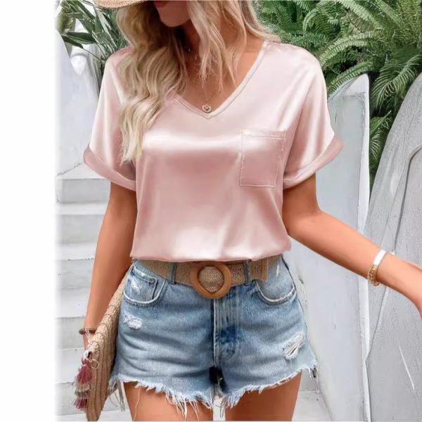 Women’s Satin V-Neck Pocket T-Shirt Curling Short Sleeve Loose Casual Top