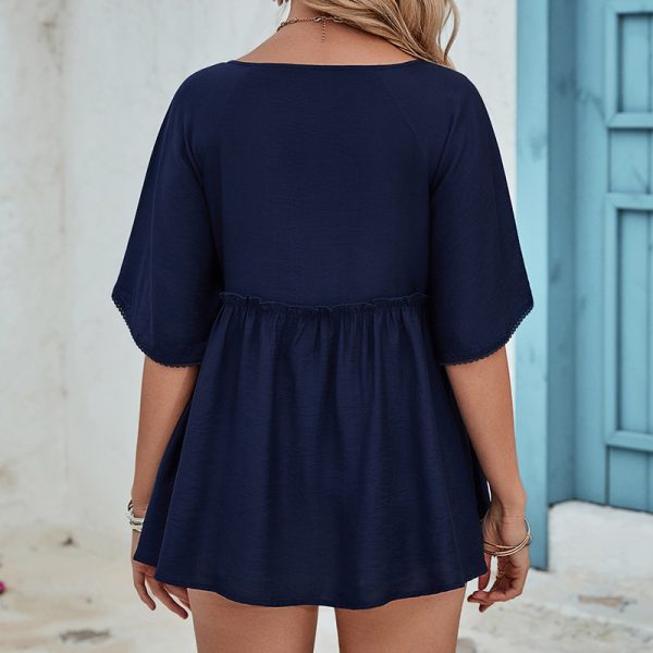 Women’s Summer V-Neck Ruffled Short Sleeve Loose Pullover Top - Image 2