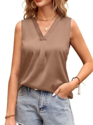 Summer Women’s V-Neck Casual Satin Sleeveless Basic Vest Shirt