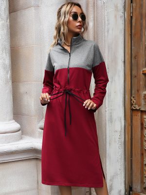 Spring Autumn Contrast Color Slim Fit Lace-Up Mid-Length Dress