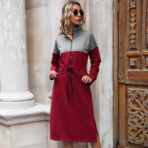 Spring Autumn Contrast Color Slim Fit Lace-Up Mid-Length Dress