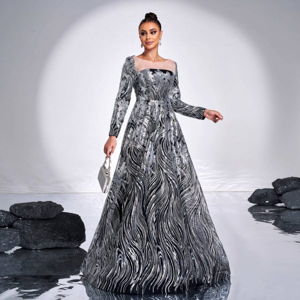 High-Grade Long Sleeve Round Neck Sequin Rope Large Swing Cocktail Evening Dress - Image 3