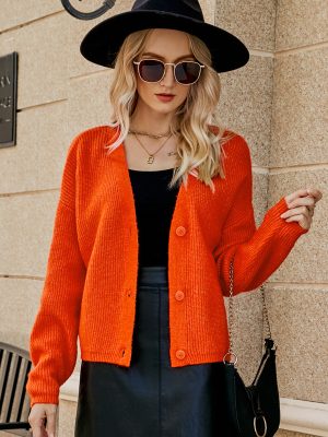 V-Neck Sweater Autumn Winter Loose Women’s Solid Color Long Sleeve Knitted Cardigan