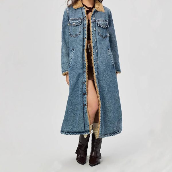 Women’s Loose Long Denim Coat with Velvet Lining and Cotton Padding - Image 2