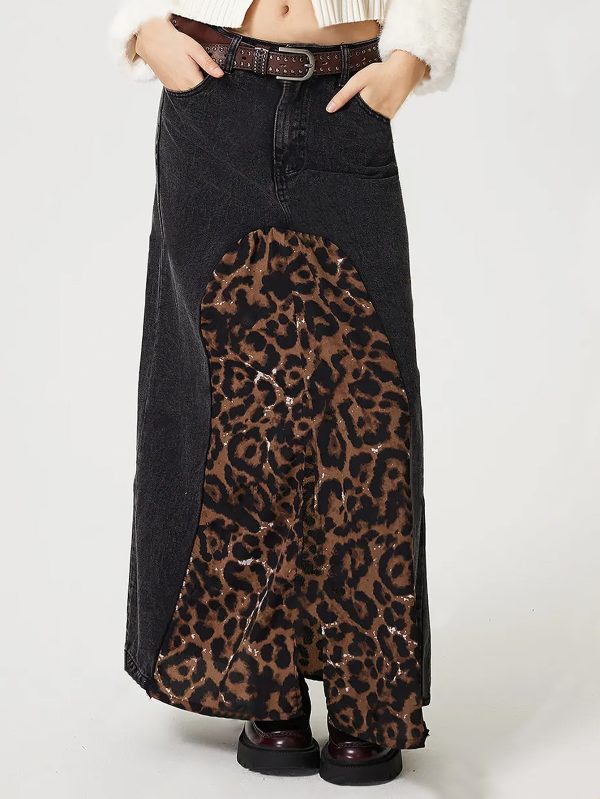 Fall Street Style All-Match Leopard Print Denim Skirt for Women - Image 2