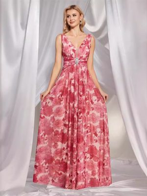 Pink V-Neck Printed Chiffon Maxi Dress – Bridesmaid & Cocktail