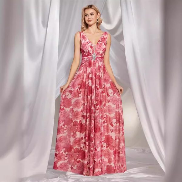 Pink V-Neck Printed Chiffon Maxi Dress - Bridesmaid & Cocktail