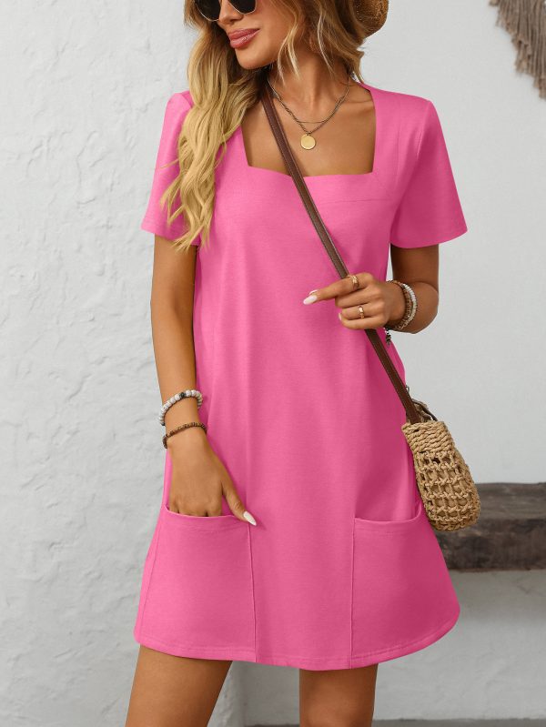 Women’s Square Collar Short Sleeve Casual Dress with Pockets - Image 5