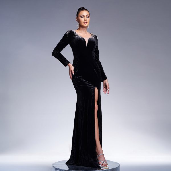 Long Sleeved V-Neck Velvet Sheath High Fork Cocktail Evening Dress for Women - Image 3