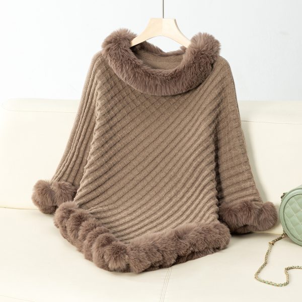 Solid Color Fur Collar Plaid Knitted Cape Sweater for Women - Image 5