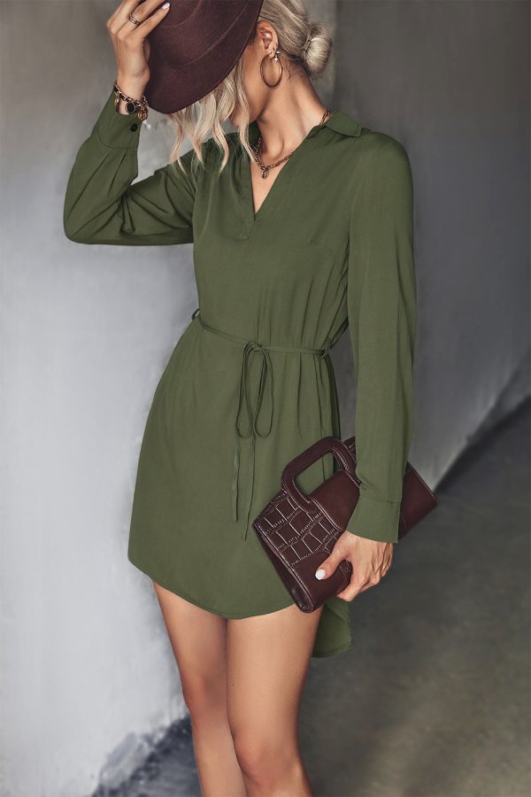 Autumn Women’s V-Neck Nipped Waist Pocket Irregular Asymmetric Dress - Image 4