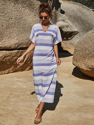 Sexy V-Neck Striped Dress – Summer Loose Casual Split Mid-Length