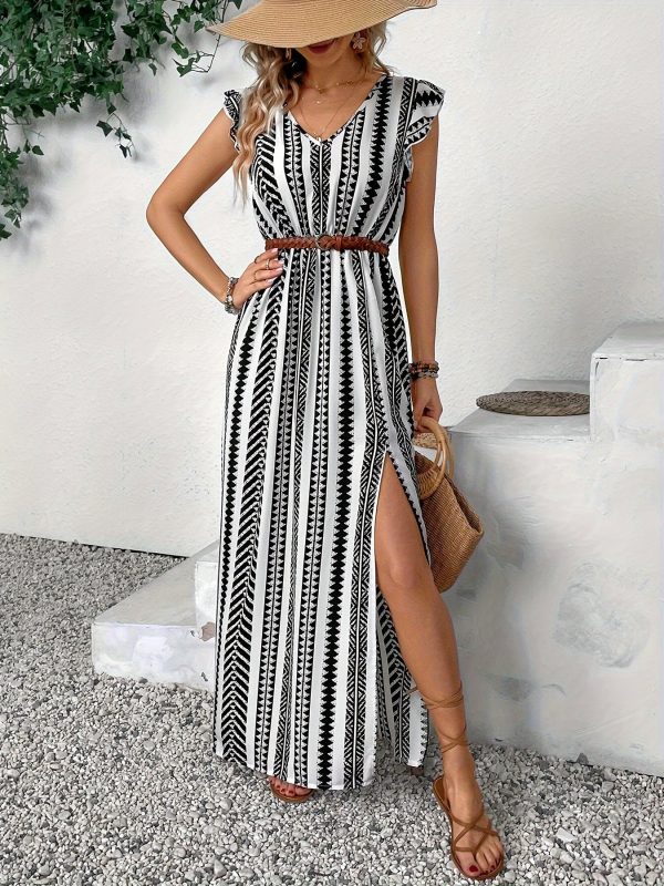 Printed Lotus Leaf Sleeve Front Slit Long V-Neck Casual Dress for Women - Image 2