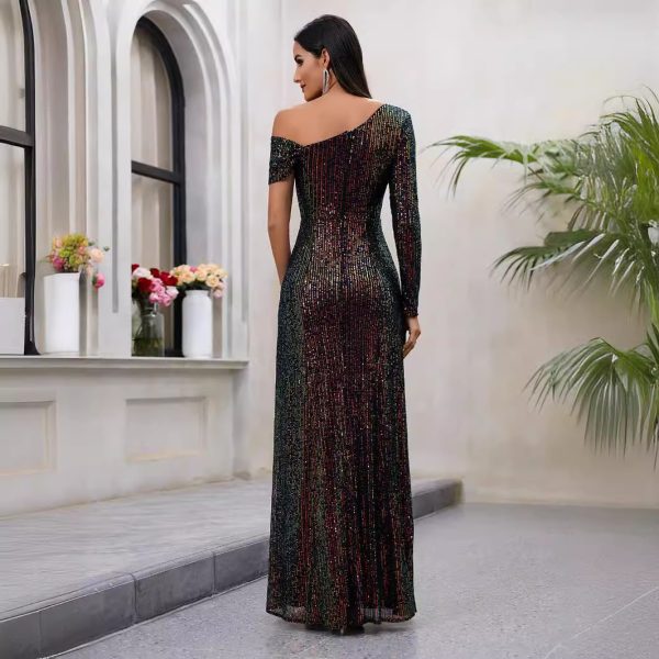 Popular Women Sexy Sequined High Slit Oblique Collar Evening Dress - Image 4