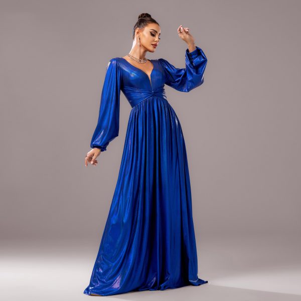 Long Sleeved V-Neck Cocktail Bronzing Waist-Controlled Large Hem Evening Dress - Image 2