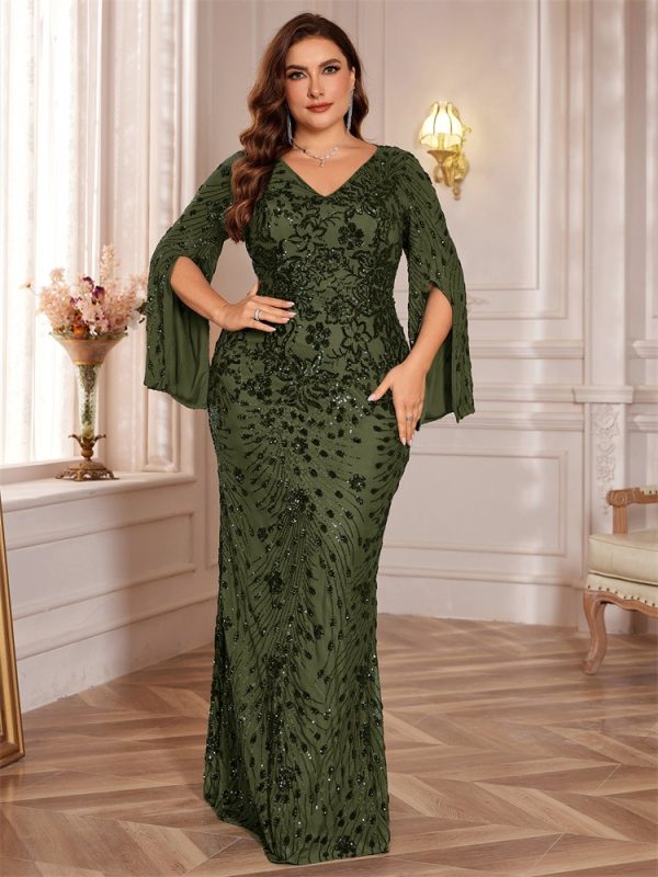 Plus Size Sequined Long Sleeve Slim Fit Fishtail Evening Dress - Image 3