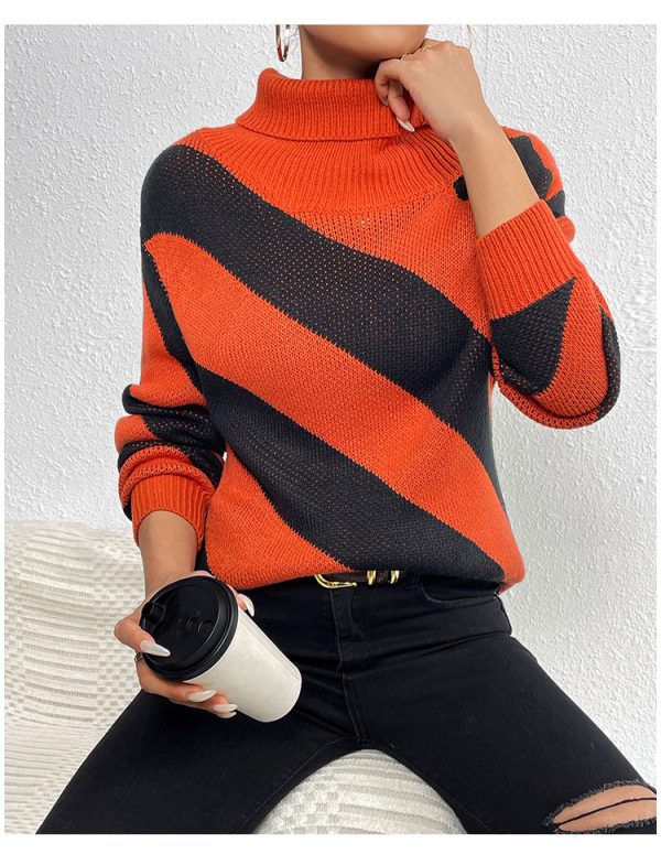 Autumn Winter Turtleneck Pullover Contrast Color Diagonal Striped Knitted Bottoming Shirt - Image 2