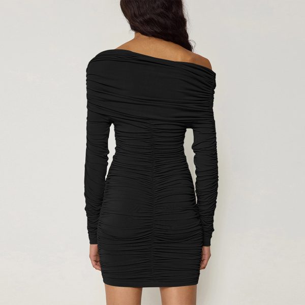 Sexy Off-Neck Pleated Long Sleeve Tube Dress for Women - Image 3