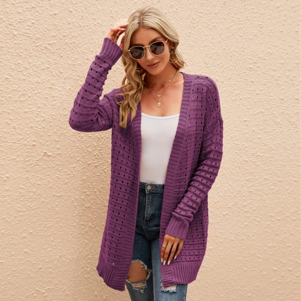 Mid-Length Loose Office Knitted Coat Solid Color Long Sleeve Sweater Cardigan - Image 2