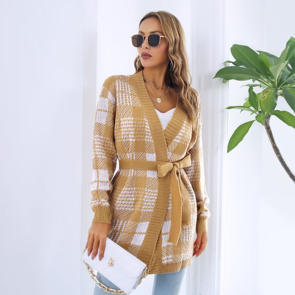 Women Autumn Winter Plaid Bandage Cardigan Sweater Coat - Image 3