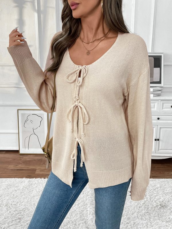 Women’s Lace-Up Crew Neck Solid Color Cardigan Sweater Coat - Image 2