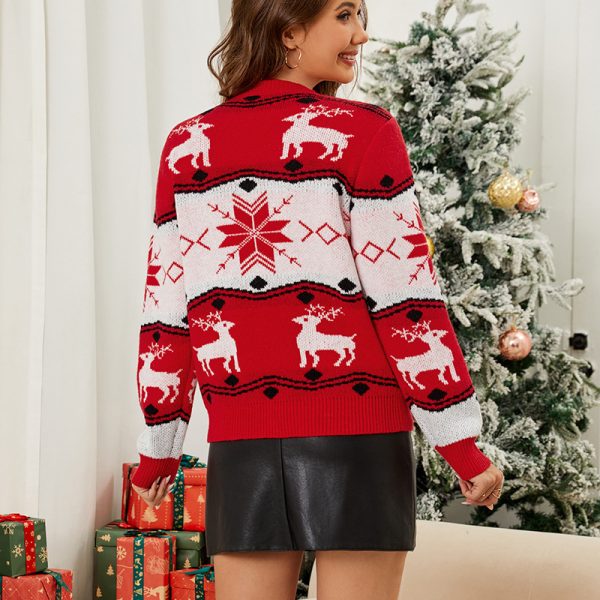 Autumn Winter Christmas Elk Jacquard Sweater Red Christmas Sweater Top - Image 2