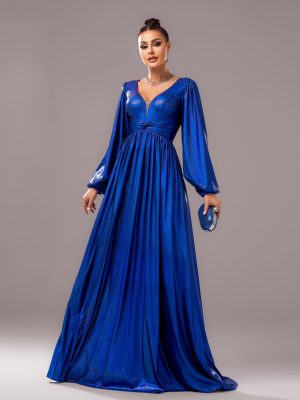 Long Sleeved V-Neck Cocktail Bronzing Waist-Controlled Large Hem Evening Dress