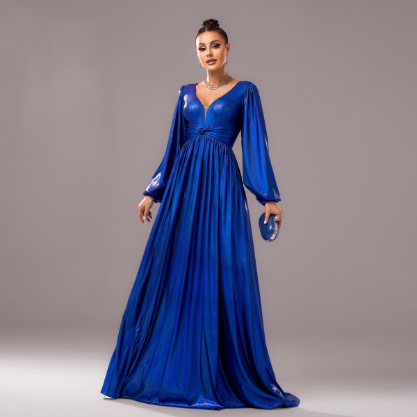 Long Sleeved V-Neck Cocktail Bronzing Waist-Controlled Large Hem Evening Dress