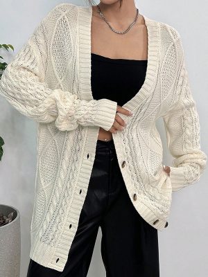 Autumn Winter Sweater Coat Casual Loose Twisted V-Neck Mid-Length Knitted Cardigan