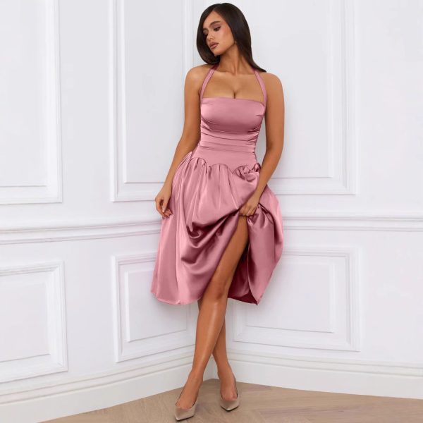 Sexy Backless Lace-Up Halter Midi Dress for Autumn Winter