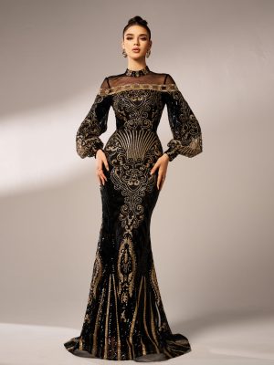 Long Sleeve Round Neck Sequin Mesh Fishtail Evening Dress