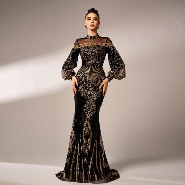 Long Sleeve Round Neck Sequin Mesh Fishtail Evening Dress