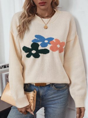 Floral Knitted Sweater for Women Autumn Winter