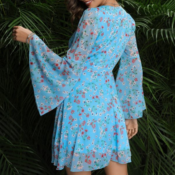 Women Sexy V Neck Floral Bell Sleeve A-Line Dress - Image 4