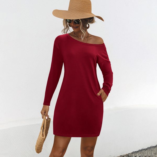 Loose Long Sleeve Off-the-Shoulder Pocket Dress for Women - Image 2