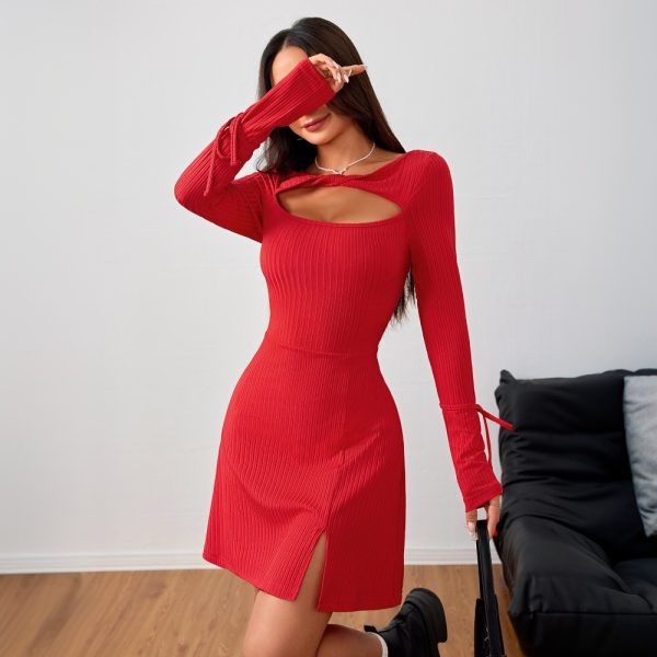 Autumn Winter Women’s Slim Fit Red Short Dress for Office and Casual Wear