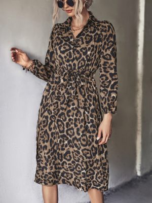 Autumn Winter Women’s Classic Sexy Leopard Print Long Sleeve Split Dress