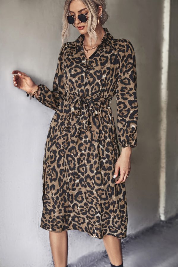 Autumn Winter Women’s Classic Sexy Leopard Print Long Sleeve Split Dress