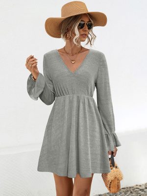 Knitted V-Neck Flounce Long Sleeve Dress for Women