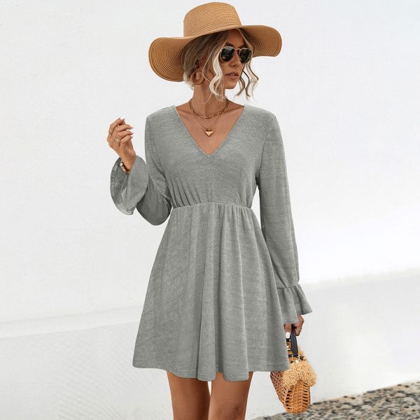 Knitted V-Neck Flounce Long Sleeve Dress for Women