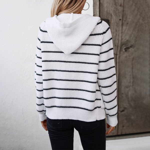 Hooded Striped Knitted Cardigan with Pockets for Women - Image 3