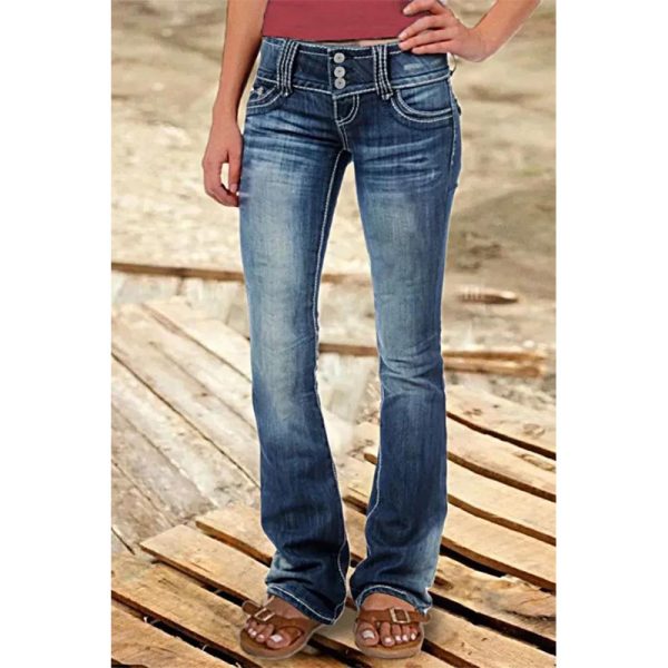 Retro Low-Waist Ripped Denim Hip-Hugger Jeans with Button Detail - Image 3