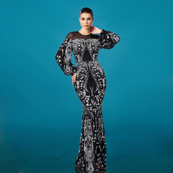 High-Grade Long Sleeve Round Neck Sequin Sheath Fishtail Evening Dress