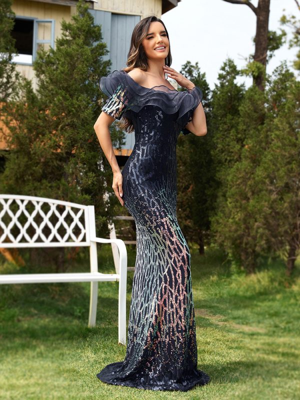 Sequined Cold Shoulder Fishtail Evening Cocktail Dress - Image 3