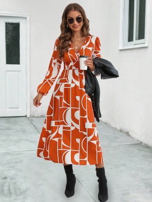 Popular V-Neck Printed Long Sleeve Dress for Women