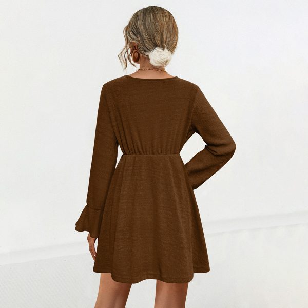 Knitted V-Neck Flounce Long Sleeve Dress for Women - Image 3